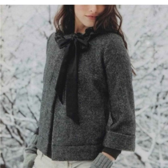 J.Crew Cheshire Herringbone Ruffle Neck Wool Jacket Coat Gray Bow Size 10 - Picture 1 of 6